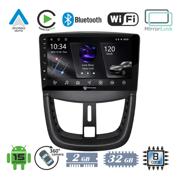 VenCore 3236-10005-0688B - 9" Android 15 PX5S Octa‑Core 2GB/32GB IPS Multimedia Head Unit with Front Panel, CarPlay, Android Auto, 360° Camera Support for Peugeot 207 (2007-2012) - Black