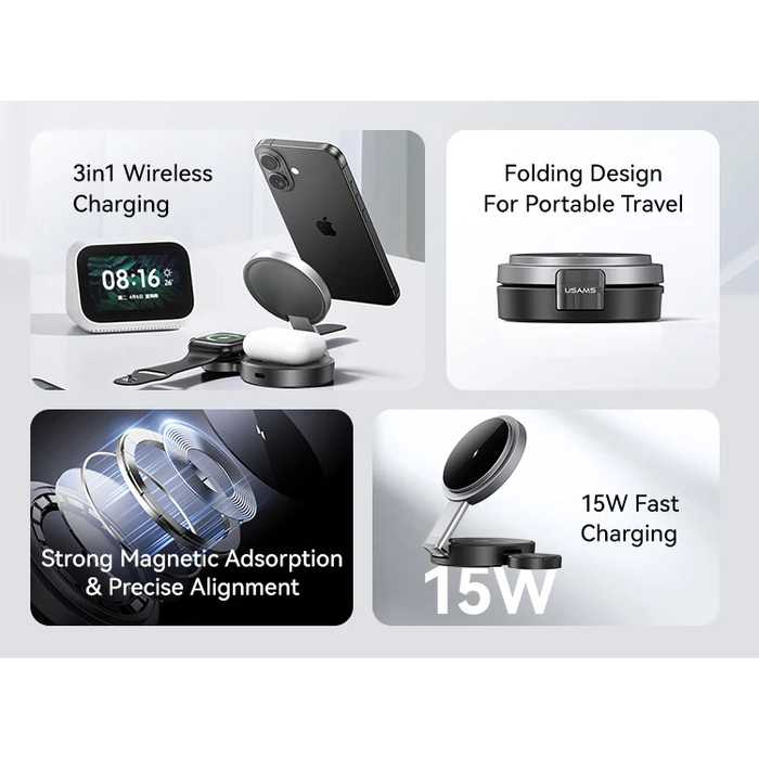Ασύρματος Φορτιστής Usams CD234, 3 σε 1, 15W, Μαύρος