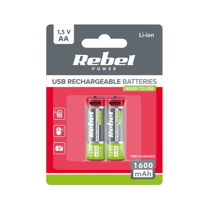 Rebel Rechargeable AA Batteries USB-C 1600mAh 1.5V Li-ion (2 pcs)
