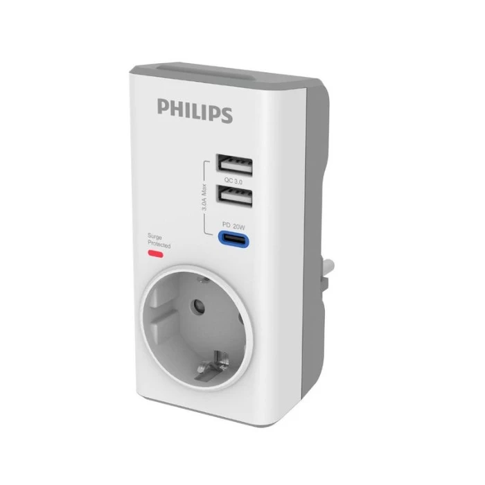 Μονόπριζο Ασφαλείας Philips CHP8010W/GRS με 2USB+Type-C, 3680W, 380J