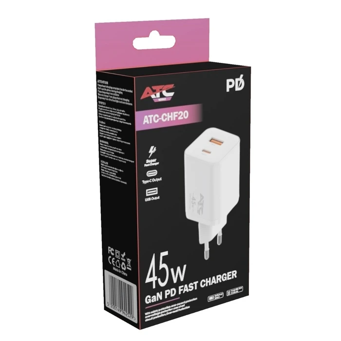 ATC Φορτιστής Χωρίς Καλώδιο GaN με Θύρα USB-A και Θύρα USB-C 45W Power Delivery Λευκός (CHF20)