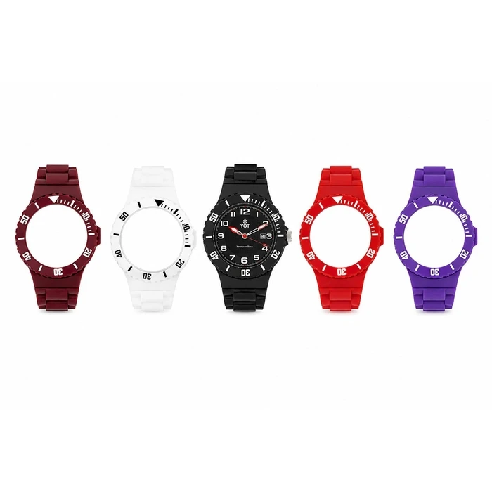 YOT Unisex Analog Quartz Watch CP30119‑SP13 — 41.5 mm, Transparent Plastic Case, Black Dial, Multicolored Rubber Straps (5 interchangeable)