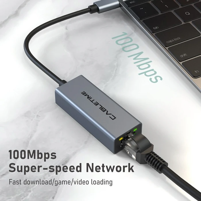 CABLETIME αντάπτορας δικτύου CT-CML100-AG, USB-C σε Ethernet RJ45 100Mbps, γκρι