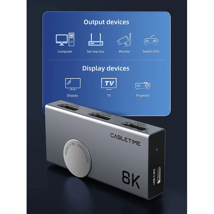 HDMI Switch Cabletime Ct-Hs8K2-Ag, 2 Σε 1, 8K/60Hz, 4K/120Hz, Γκρι