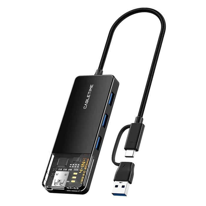 USB Hub Cabletime USB Hub CT-HUBT3-PB, 4x θυρών, 5Gbps, USB/USB-C σύνδεση, μαύρο