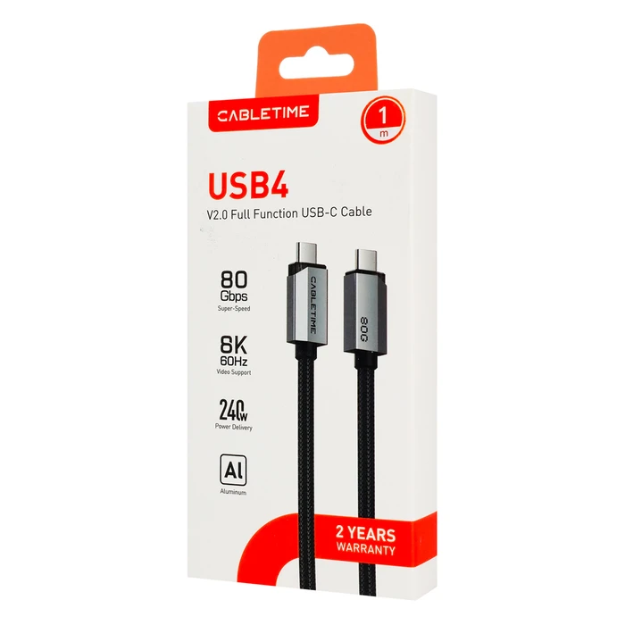 Cabletime Braided USB 2.0 Cable USB-C male - USB-C 240W Μαύρο 1m CT-USB4V2-AG1