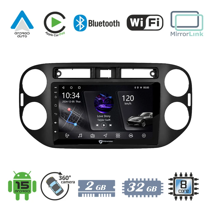VenCore 3236-10005-0639B - Οθόνη Multimedia Android 15 9'' PX5S Octa‑Core 2GB/32GB IPS για VW Tiguan 2008-2016 (Μαύρη)