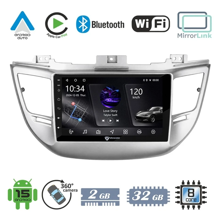 VenCore 3236-10005-0068S - Οθόνη Multimedia Android 15 9" PX5S Octa-Core 2GB/32GB για Hyundai Tucson 2015-2018 (Ασημί)