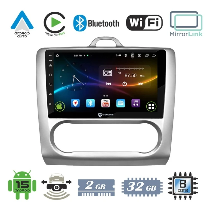 VenCore 3236-10007-0041SA - Οθόνη Multimedia Android 15 9" 9109A MTK6762 Octa-Core 2GB/32GB IPS με Πρόσοψη, CarPlay, Android Auto και Υποστήριξη Κάμερας Οπισθοπορείας AHD για Ford Focus Auto A/C 2004-2015 – Ασημί