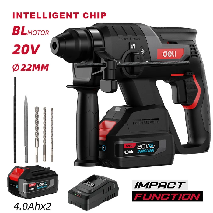 DELI Cordless Rotary Hammer Brushless 20V 2x4Ah 2J