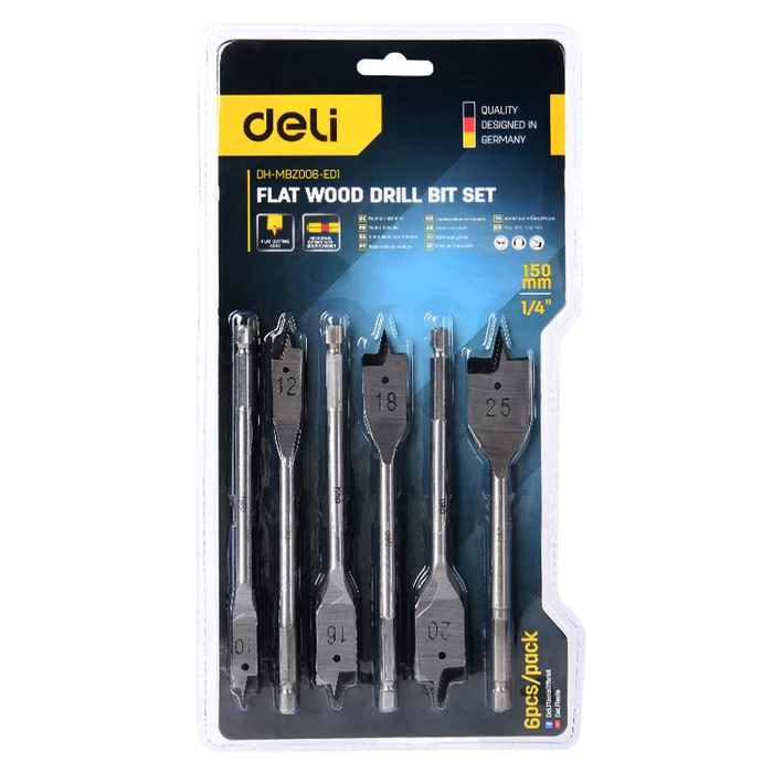 Τρυπάνια Deli Φτερού DH-Mbz006-Ed1 για Ξύλο, Χάλυβας 10/12/16/18/20/25Mm, Εξάγωνο, 6Τμχ