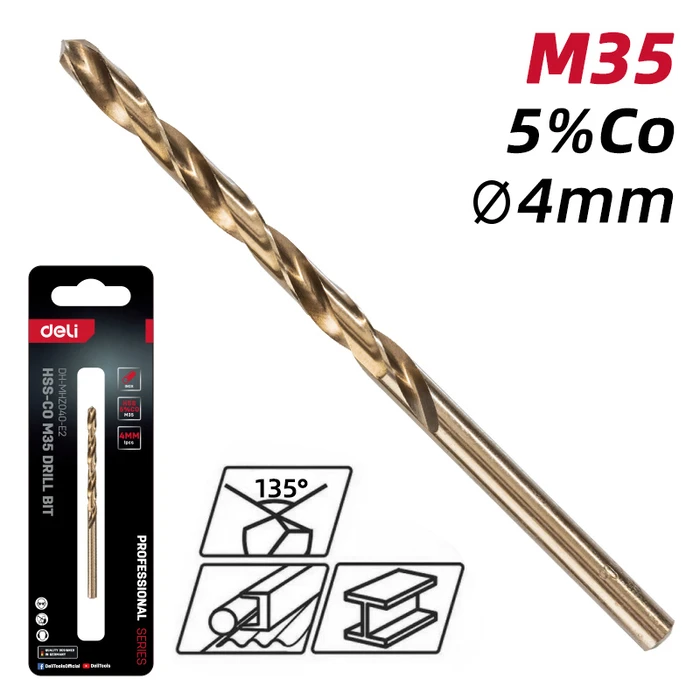 Τρυπάνι Deli DH-Mhz040-E2 για Μέταλλο, M35 Hss 5% Κοβαλτίου, Din 388, 4X75Mm