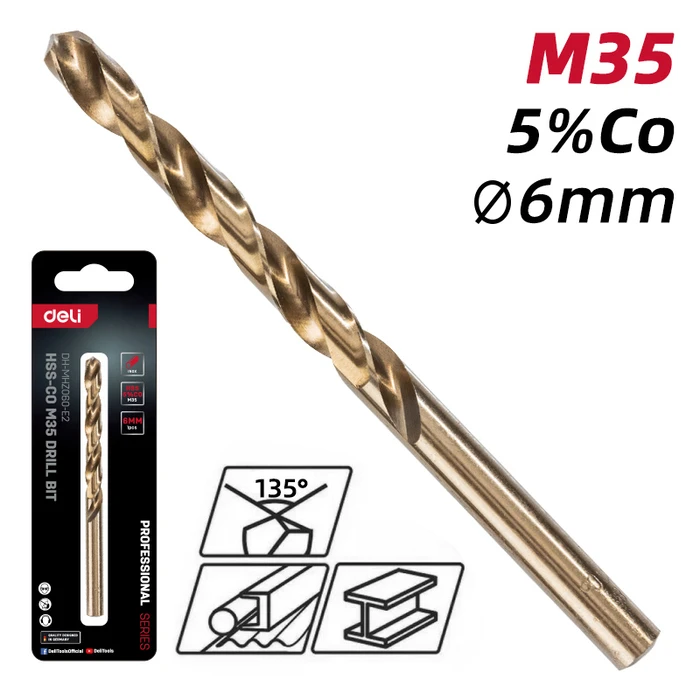 Τρυπάνι Deli DH-Mhz060-E2 για Μέταλλο, M35 Hss 5% Κοβαλτίου, Din 388, 6X93Mm