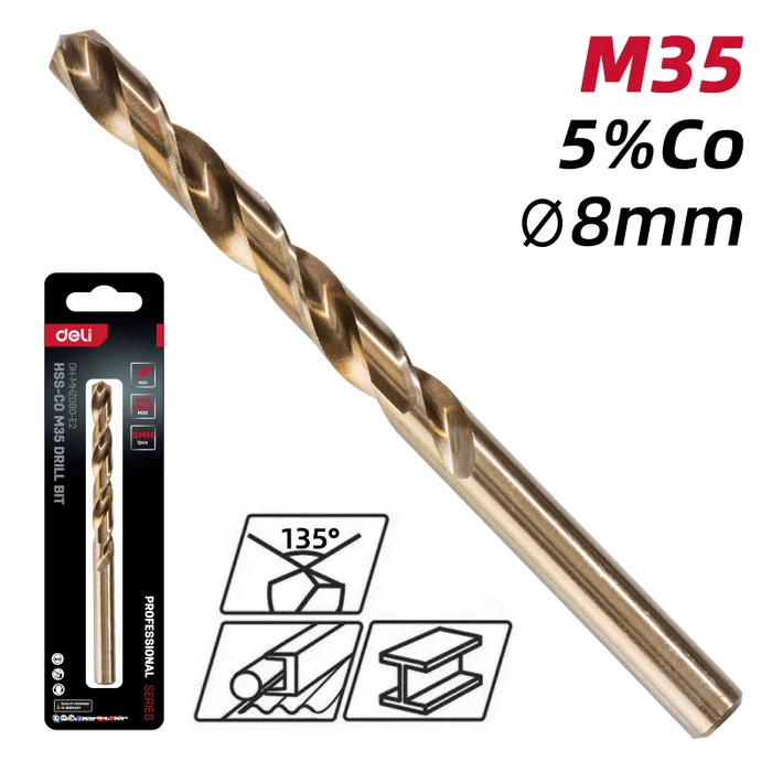 Τρυπάνι Deli DH-Mhz080-E2 για Μέταλλο, M35 Hss 5% Κοβαλτίου, Din 388, 8X117Mm
