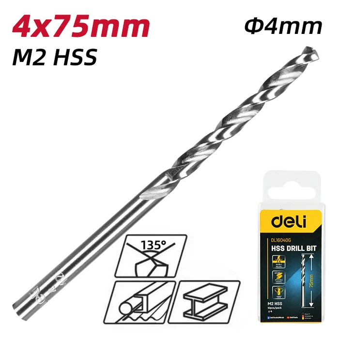 Τρυπάνια Deli Dl16040G για Μέταλλο, M2 Hss, 4X75Mm, Κυλινδρικό, 10Τμχ