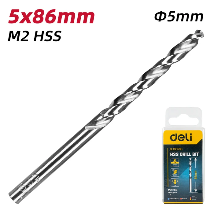 Τρυπάνια Deli Dl16050G για Μέταλλο, M2 Hss, 5X86Mm, Κυλινδρικό, 10Τμχ
