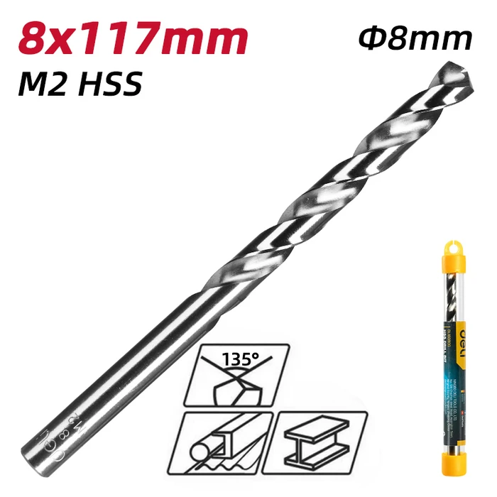 Τρυπάνι Deli Dl16080G για Μέταλλο, M2 Hss, 8X117Mm, Κυλινδρικό