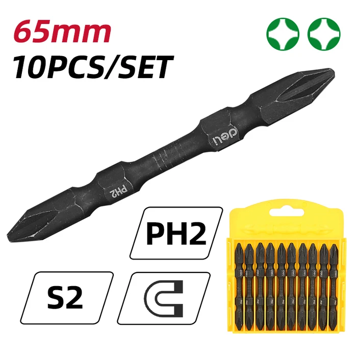 Μύτες Κατσαβιδιού Deli Σετ Dl252202 για Δραπανοκατσάβιδο, Διπλή Ph2X65Mm, 10Τμχ