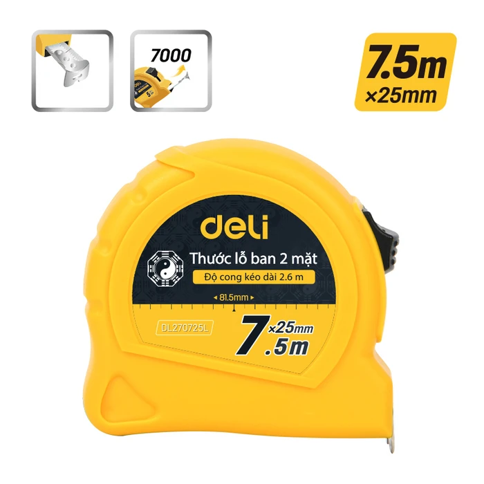 DELI Measuring Tape DL270725L, 7.5m x 25mm, lock & belt clip