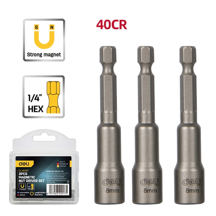Σετ Καρυδάκια Deli Dl4808T για Δραπανοκατσάβιδο, Μαγνητικά, 8Mm, Εξάγωνα, 3Τμχ