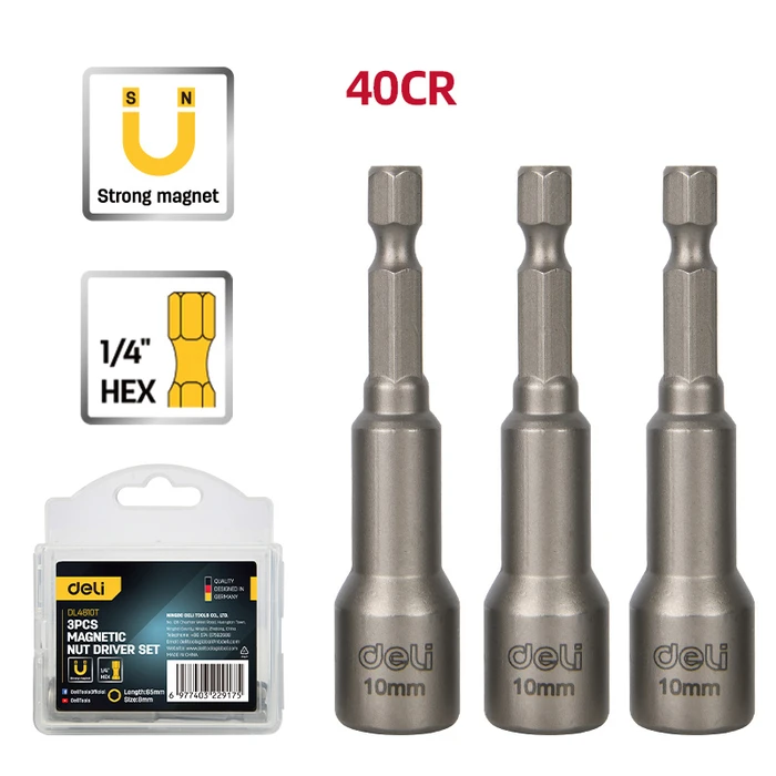 Σετ Καρυδάκια Deli Dl4810T για Δραπανοκατσάβιδο, Μαγνητικά, 10Mm, Εξάγωνα, 3Τμχ