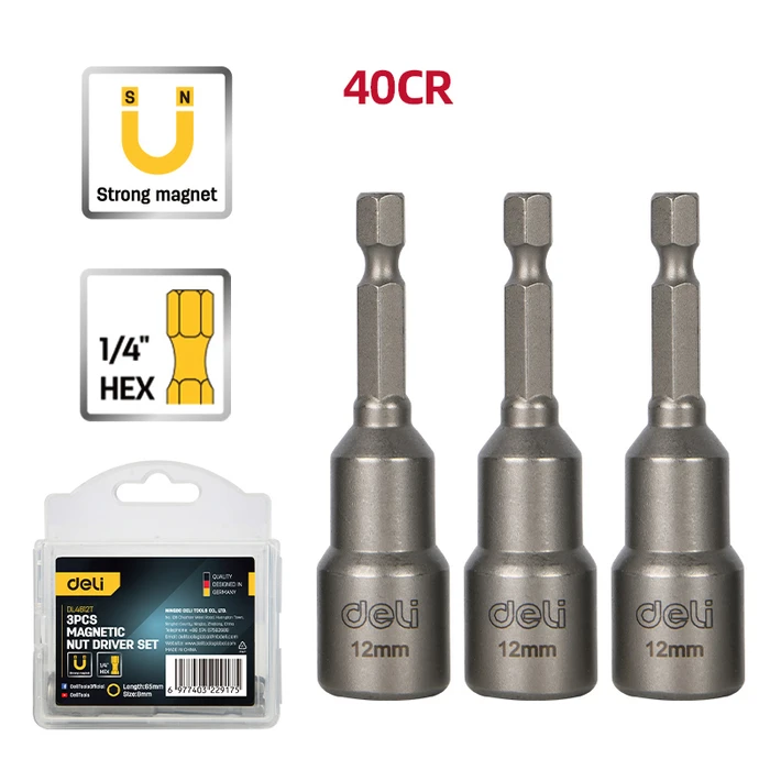 Σετ Καρυδάκια Deli Dl4812T για Δραπανοκατσάβιδο, Μαγνητικά, 12Mm, Εξάγωνα, 3Τμχ
