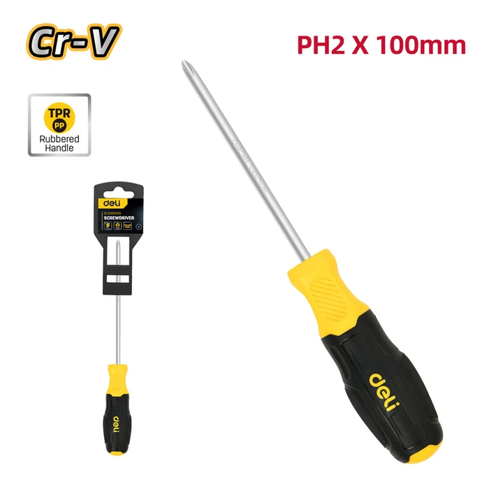 Κατσαβίδι Deli Σταυρωτό Dl636100N με Αντιολισθητική Λαβή, Μαγνητικό, Ph2X100Mm