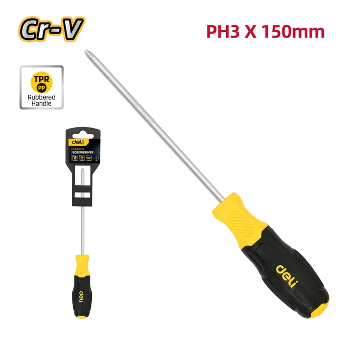 Κατσαβίδι Deli Σταυρωτό Dl638150N με Αντιολισθητική Λαβή, Μαγνητικό, Ph3X150Mm