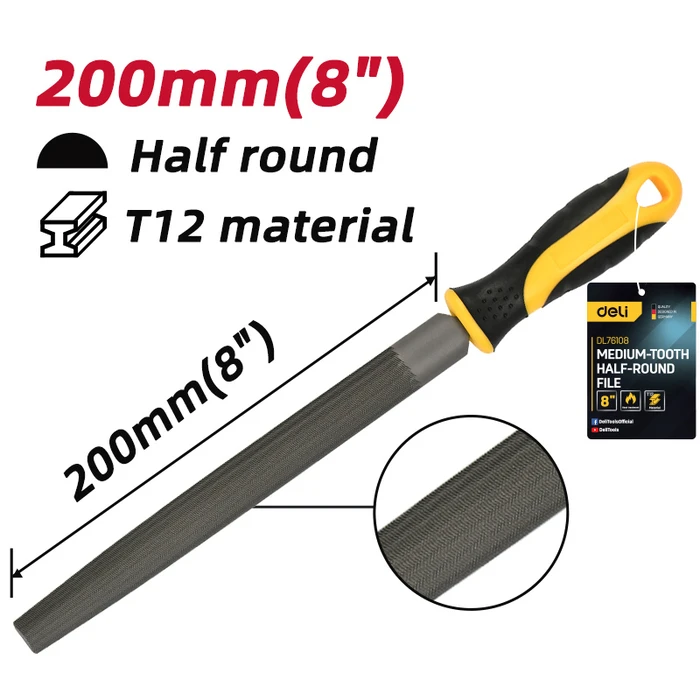 Λίμα Deli Ημιστρόγγυλη Dl76108 με Αντιολισθητική Λαβή, Μετάλλου, 200Mm