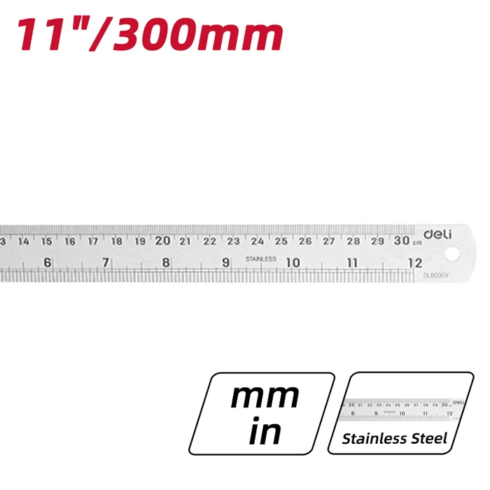 Μεταλλικός Χάρακας Deli Dl8030Y, Ανοξείδωτο Ατσάλι, 12"/30cm, Ασημί