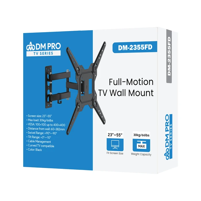 Βάση Τηλεόρασης DM Pro 23"-55" έως 30kg ρυθμιζόμενη με διπλό βραχίονα επιτοίχια Μαύρη