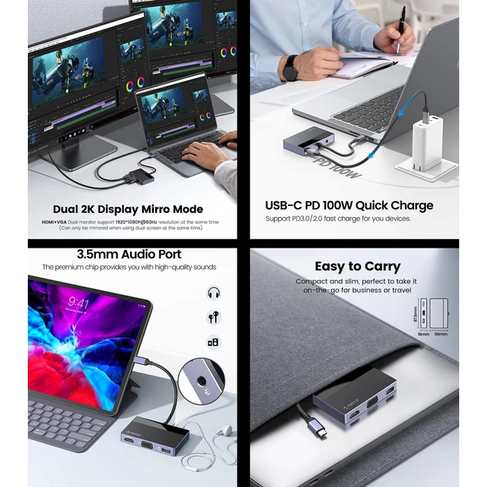 Docking Station Orico DM-5P, USB/Type-C/HDMI/VGA/3.5mm, 4K, 100W, μαύρο