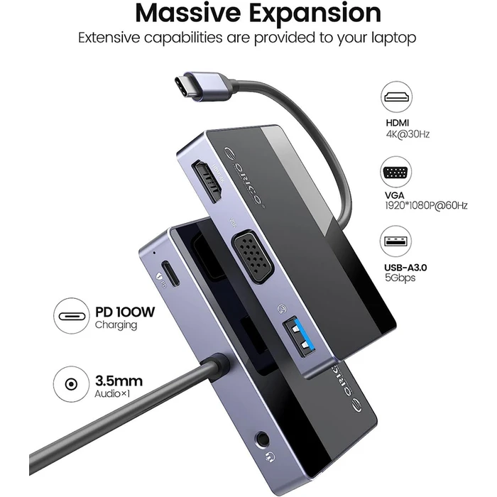 Docking Station Orico DM-5P, USB/Type-C/HDMI/VGA/3.5mm, 4K, 100W, μαύρο