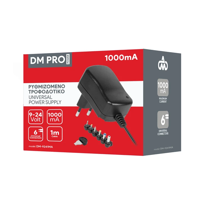 Adjustable Universal Power Supply 9-24V 1000mA 24W with Plug Set DM PRO (DM-9241MA)