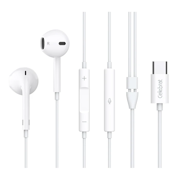 Handsfree Ακουστικά Celebrat με Μικρόφωνο E500, USB-C Σύνδεση, Φ14mm, 1.2M, Λευκά