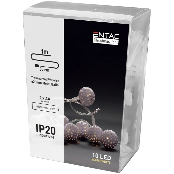 Χριστουγεννιάτικα Λαμπάκια Entac Εσωτερικές Μεταλλικές Μπάλες 10 LED Θερμό 1m (2xAA Δεν περιλαμβ.)