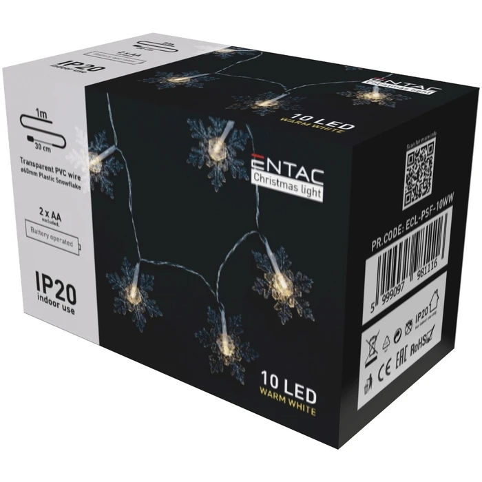 Χριστουγεννιάτικα Λαμπάκια Entac Εσωτερικές Πλαστικές Νιφάδες 10 LED Θερμό 1m (2xAA Δεν περιλαμβ.)