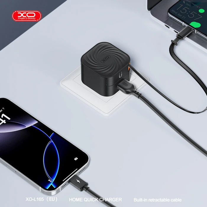 XO Φορτιστής Ταχείας Φόρτισης με Ανασυρόμενο Καλώδιο Type-C και 1 Θύρα USB-A EU 20W L165
