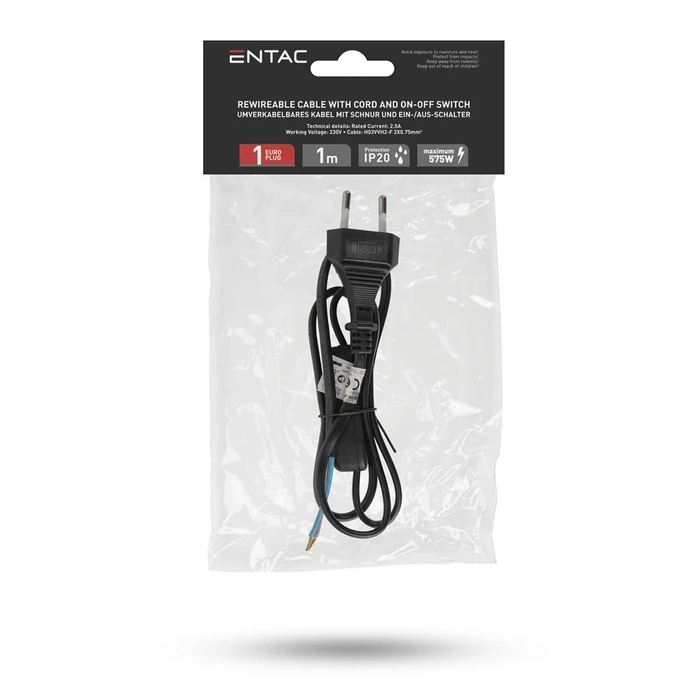 Entac Rewireable Cable 2G0.75 with ON/OFF Switch Black 1m