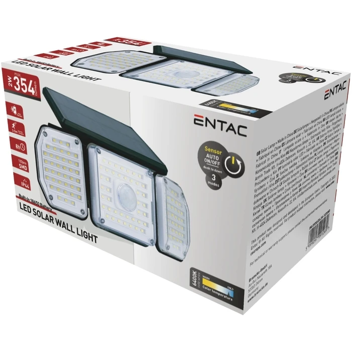 Προβολέας Entac Ηλιακός Τοίχου 2W SMD 3 Κεφαλές Φωτοκύτταρο