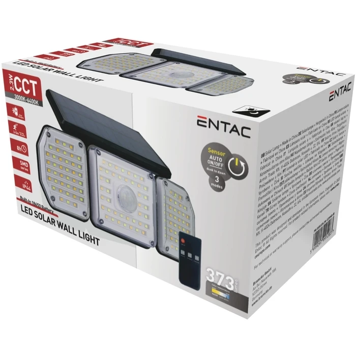 Προβολέας Entac Ηλιακός Τοίχου 2.3W SMD 3 Κεφαλές Φωτοκύτταρο + Τηλεχειριστήριο