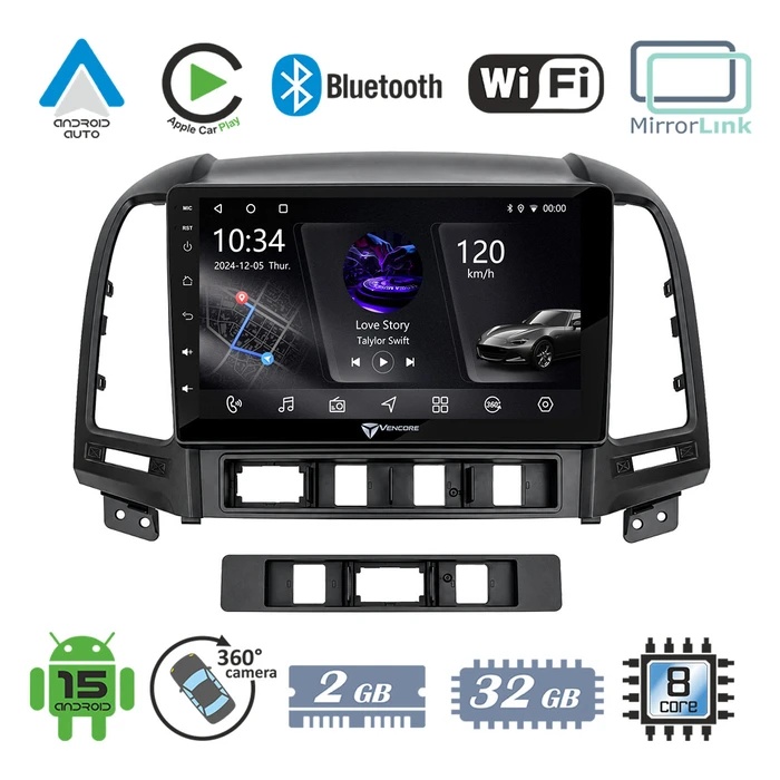VenCore 3236-10005-0624B - Οθόνη Multimedia Android 15 9" PX5S Octa-Core 2GB/32GB IPS με Πρόσοψη, CarPlay, Android Auto και Υποστήριξη Κάμερας 360° για Hyundai Santa Fe 2006-2013 – Μαύρη