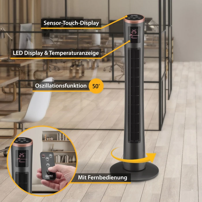 Ανεμιστήρας Δαπέδου First Austria FA-5560-5-GR Μαύρος πύργος με οθόνη αφής 3 ταχυτήτων 102cm 40W