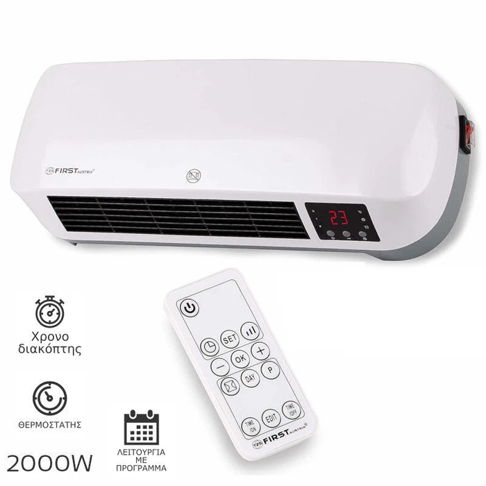 Αερόθερμο First Austria Fa-5571-3 Κεραμικό Τοίχου Με Θερμοστάτη, Χρονοδιακόπτη Και Τηλεχειριστήριο 2000 W