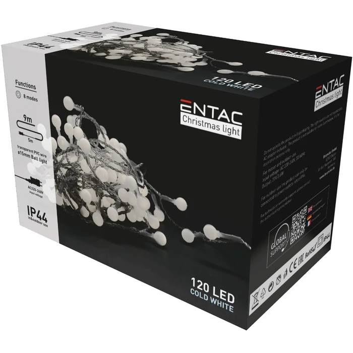 Χριστουγεννιάτικα Λαμπάκια Entac IP44 120 LED 15mm Μπάλες Ψυχρό 9m