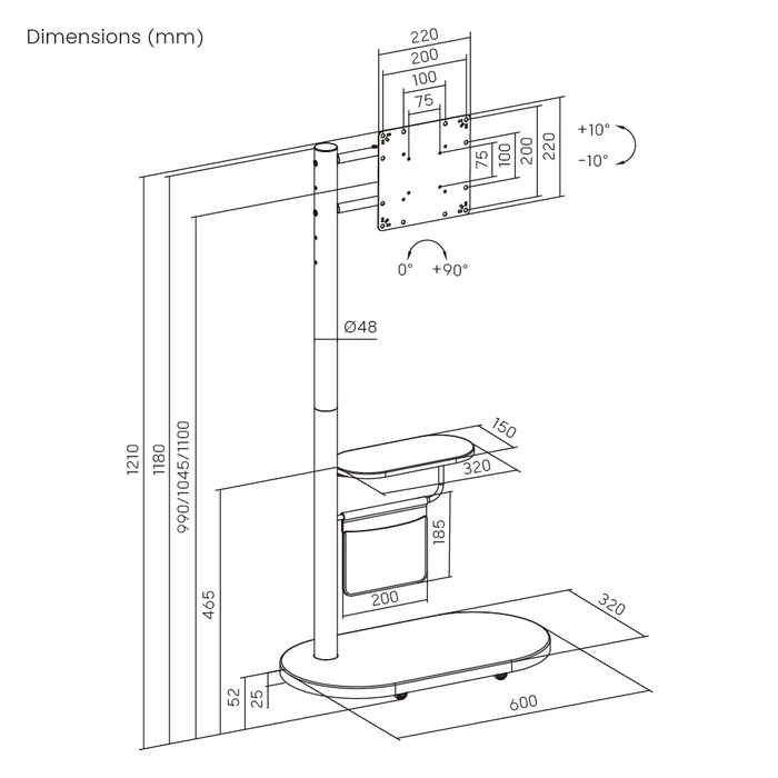 Βάση Τηλεόρασης Brateck δαπέδου FS54-22T-02W 17-43" έως 15kg, με ράφι & ροδάκια