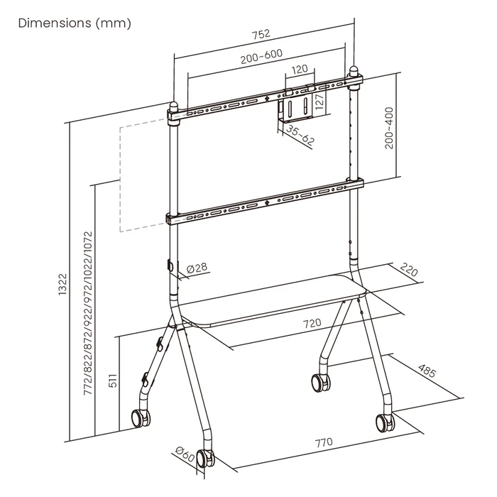 BRATECK βάση τηλεόρασης δαπέδου FS66-46F-01, 37-86", έως 80kg, με ράφι & ροδάκια