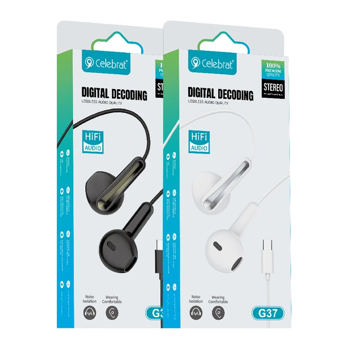 Handsfree Ακουστικά Celebrat G37, USB-C σύνδεση, 14.2mm, 1.2m, Λευκά