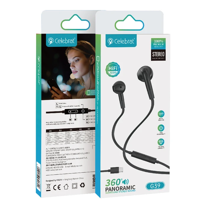Celebrat G39 Earbuds Handsfree Ακουστικά με Βύσμα USB-C Μαύρο