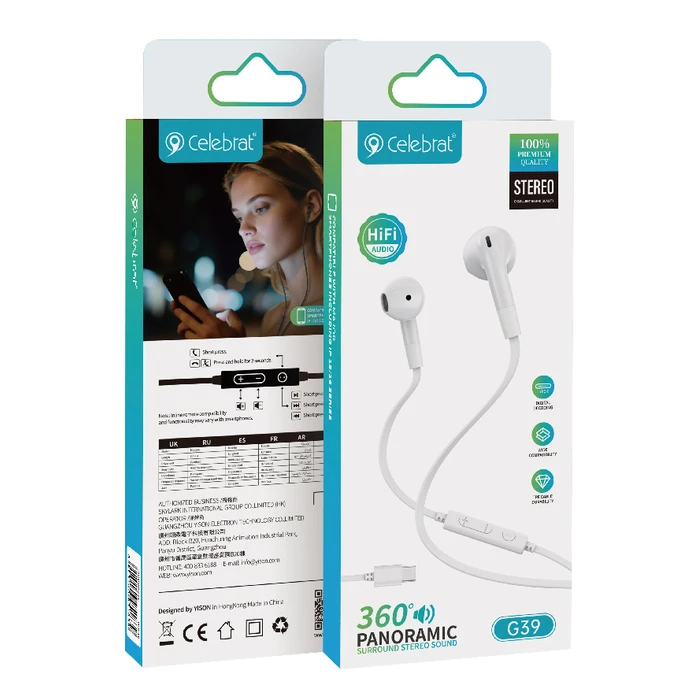 Celebrat G39 Earbuds Handsfree Ακουστικά με Βύσμα USB-C Λευκό